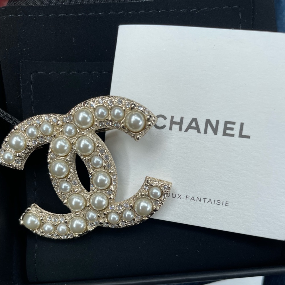 Brand New Pearly White and Crystal CC Chanel Brooch